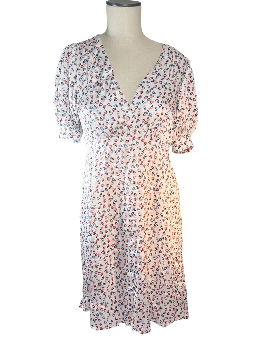 Boden Multicolor Floral White V-Neck Satin Tea Dress Puff Sleeve Garden Party